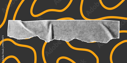 Halftone collage element isolated on dark background. Torn piece of paper tape with jagged edges. Cut and ripped sheet, yellow doodle lines, crumpled border.