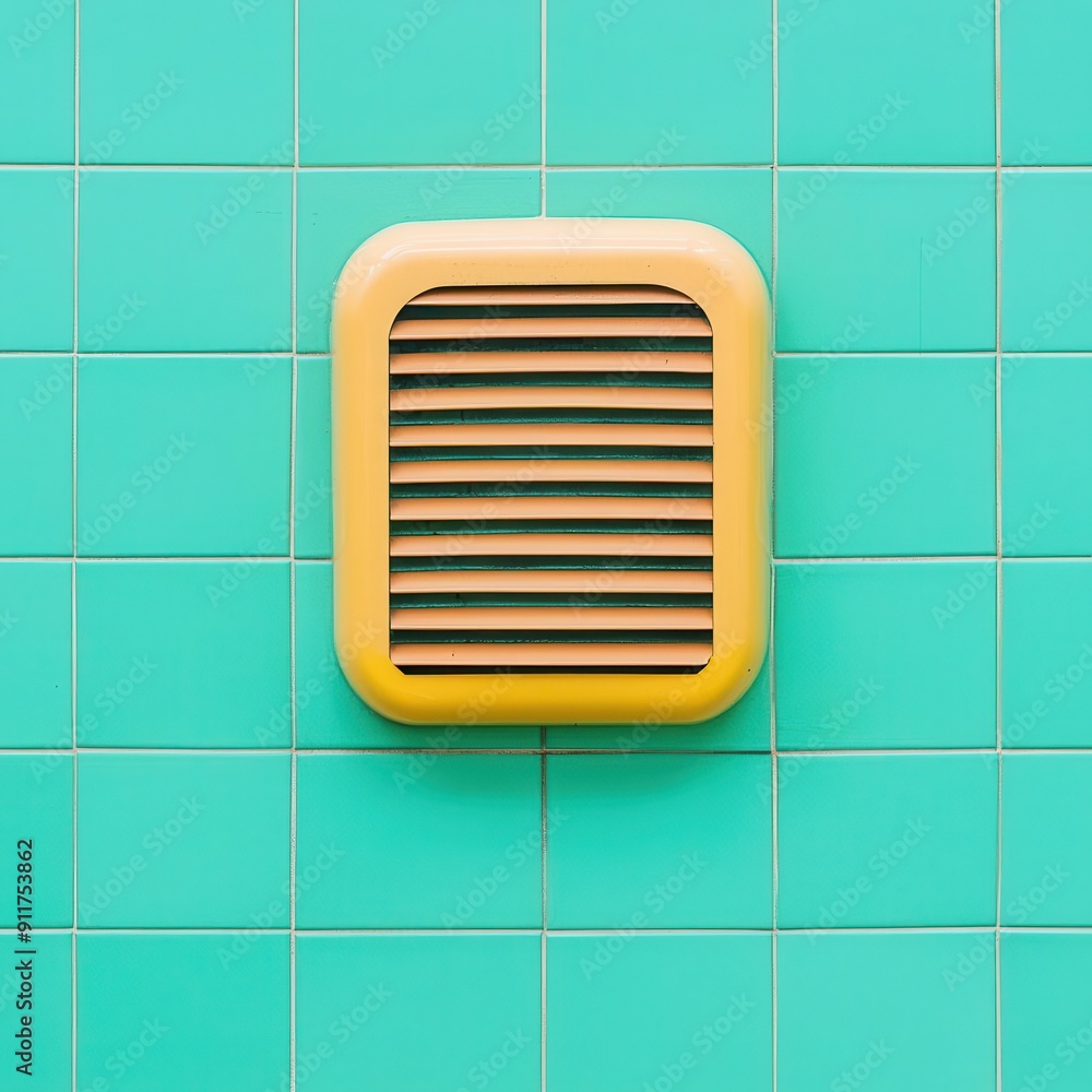 A yellow vent mounted on a teal tiled wall, showcasing modern design and vibrant colors. A yellow vent mounted on a teal tiled wall, showcasing modern design and vibrant colors.