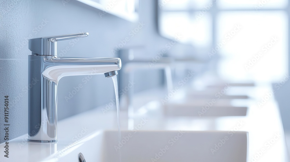 Modern chrome faucet with water flowing into a white sink Modern chrome faucet with water flowing into a white sink