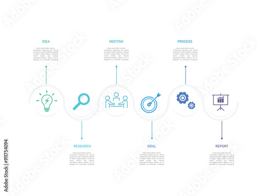 Business infographics line process with template with icons and 6 options or steps.infographics of business,idea,research,meeting,process,goal,report.for infographics design template