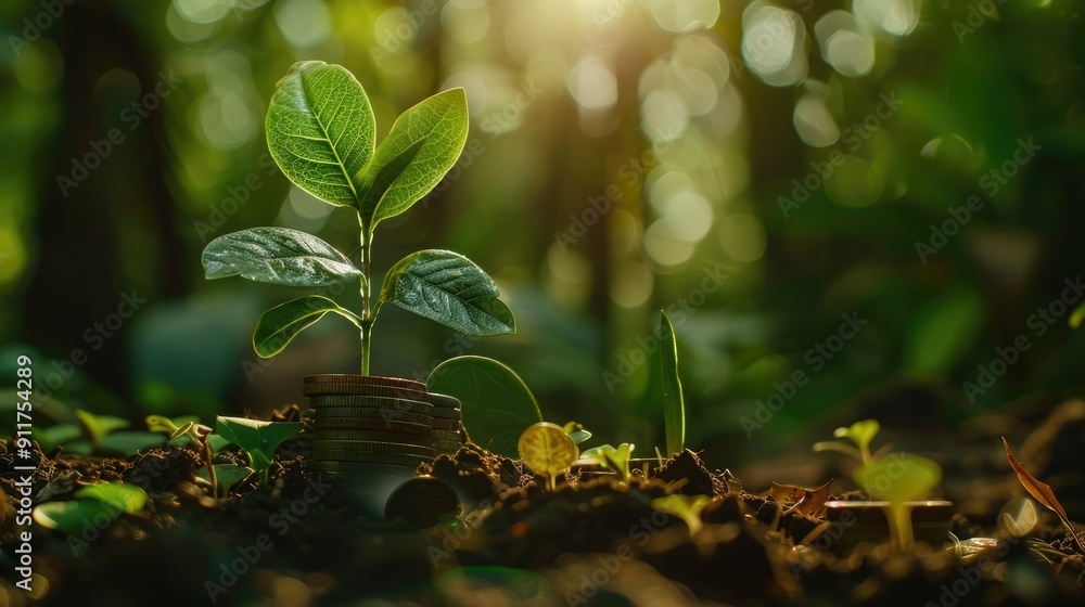 Seedling are growing on coins are stacked and the seedlings in Concept of finance And Investment of saving money or financial and business growth for profit. Seedling are growing on coins are stacked and the seedlings in Concept of finance And Investment of saving money or financial and business growth for profit.