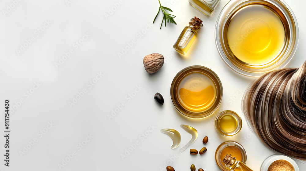 Hair care cosmetics with argan and jojoba oil on white background top view with space for text Hair care cosmetics with argan and jojoba oil on white background top view with space for text