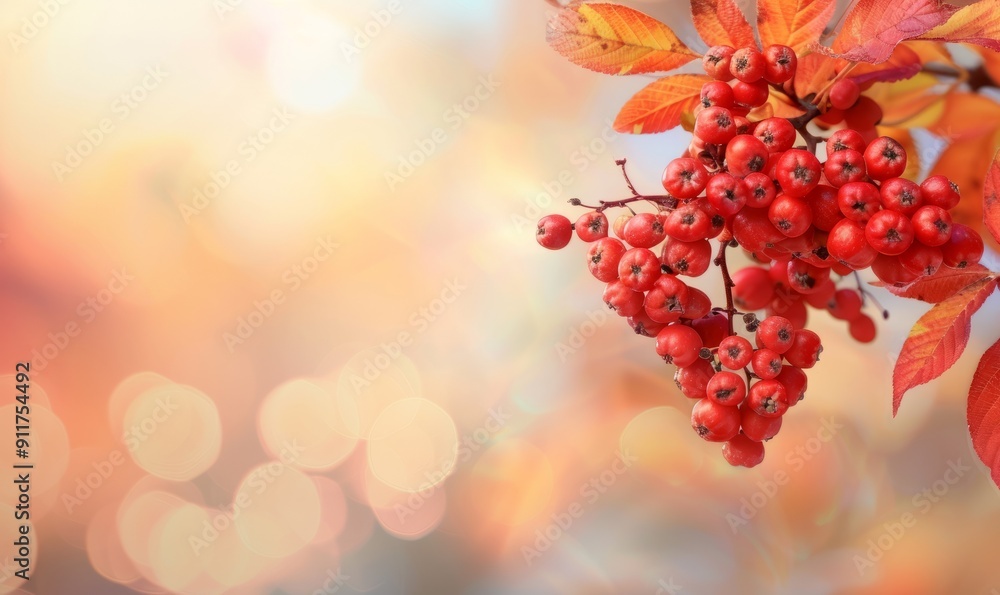 Close-up of red rowan berries and leaves on a branch in autumn, with sour yet vitamin C-rich berries, against a blurred background with selective focus and ample copy space image. Close-up of red rowan berries and leaves on a branch in autumn, with sour yet vitamin C-rich berries, against a blurred background with selective focus and ample copy space image.