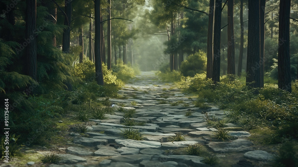 Fototapeta premium Stone path surrounded by tall trees in the forests.