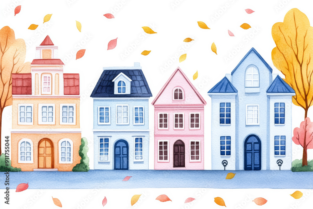 Colorful autumn street scene with falling leaves and charming houses, ideal for Thanksgiving or seasonal greeting cards Colorful autumn street scene with falling leaves and charming houses, ideal for Thanksgiving or seasonal greeting cards