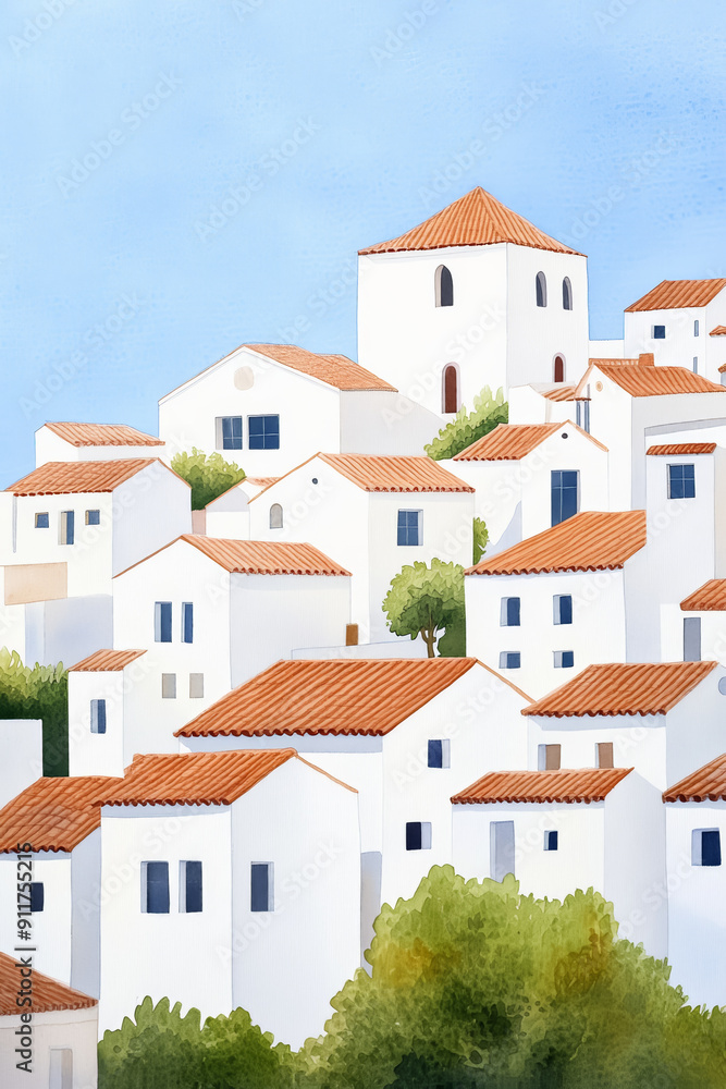 Charming white houses with terracotta roofs nestled on a hillside under a blue sky, representing Mediterranean architecture and summer travel Charming white houses with terracotta roofs nestled on a hillside under a blue sky, representing Mediterranean architecture and summer travel