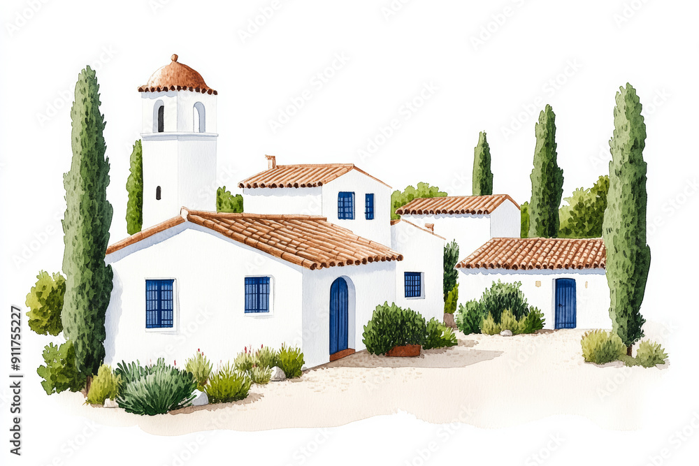 Illustration of charming Mediterranean-style white houses with terracotta roofs and cypress trees, ideal for summer travel concepts Illustration of charming Mediterranean-style white houses with terracotta roofs and cypress trees, ideal for summer travel concepts