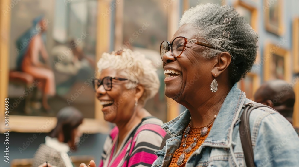 Two joyful women share a moment of laughter while admiring artwork in an art museum Two joyful women share a moment of laughter while admiring artwork in an art museum
