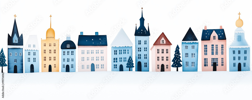 Charming winter village illustration with colorful houses and snow, perfect for Christmas holiday cards and festive designs Charming winter village illustration with colorful houses and snow, perfect for Christmas holiday cards and festive designs