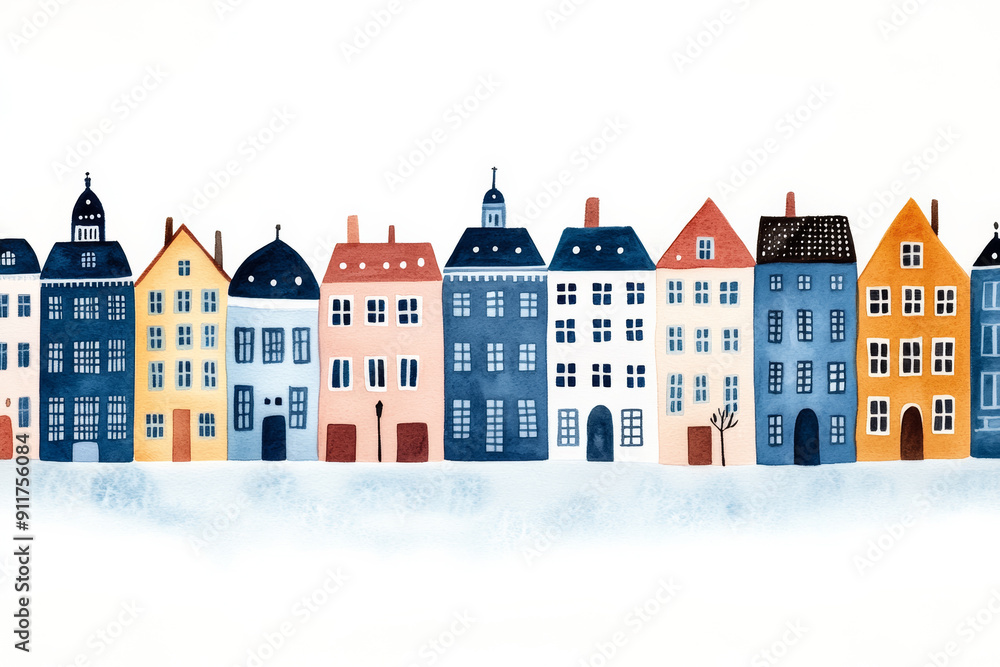 Colorful Scandinavian-style houses in a row depict the charm of European architecture, ideal for Christmas and holiday themes Colorful Scandinavian-style houses in a row depict the charm of European architecture, ideal for Christmas and holiday themes