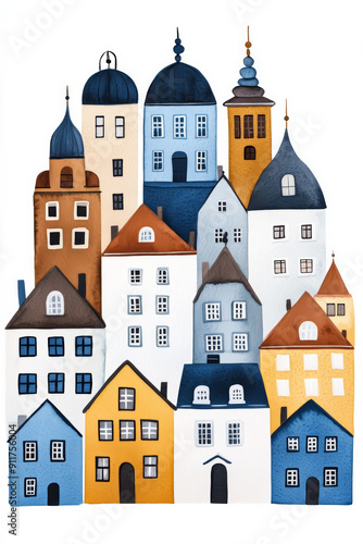 Charming hand-painted illustration of colorful European-style houses, ideal for Christmas or festive holiday-themed design concepts