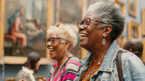 Two joyful women share a moment of laughter while admiring artwork in an art museum photo