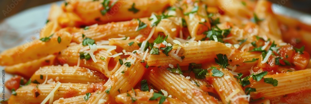 Homemade Penne Alla Vodka with Cheese and Parsley captured from a low angle perspective Homemade Penne Alla Vodka with Cheese and Parsley captured from a low angle perspective