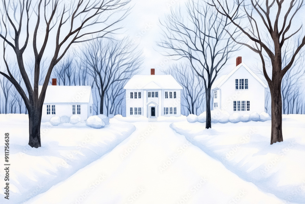 A peaceful, snowy winter landscape with white houses and bare trees evokes Christmas serenity A peaceful, snowy winter landscape with white houses and bare trees evokes Christmas serenity