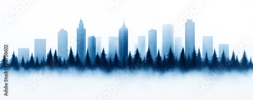 A city skyline emerges behind a dense forest shrouded in mist, depicting urban sprawl and environmental concerns