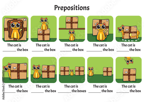 Prepositions with a cat as the model, english learning for kids, cute hand drawn pictures, fill the blanks