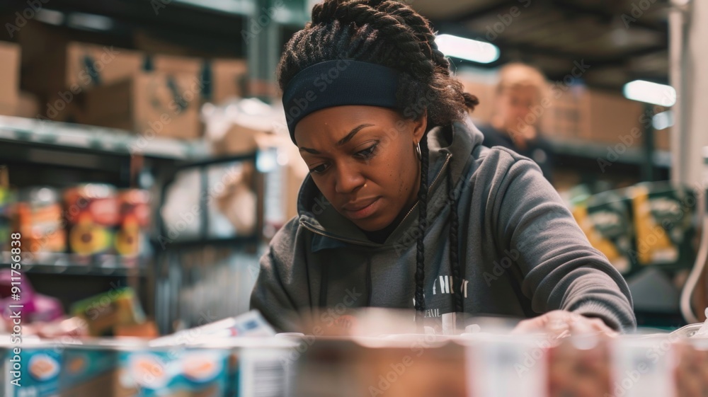 A food bank organizer coordinating with volunteers, planning the logistics for a large food distribution event A food bank organizer coordinating with volunteers, planning the logistics for a large food distribution event