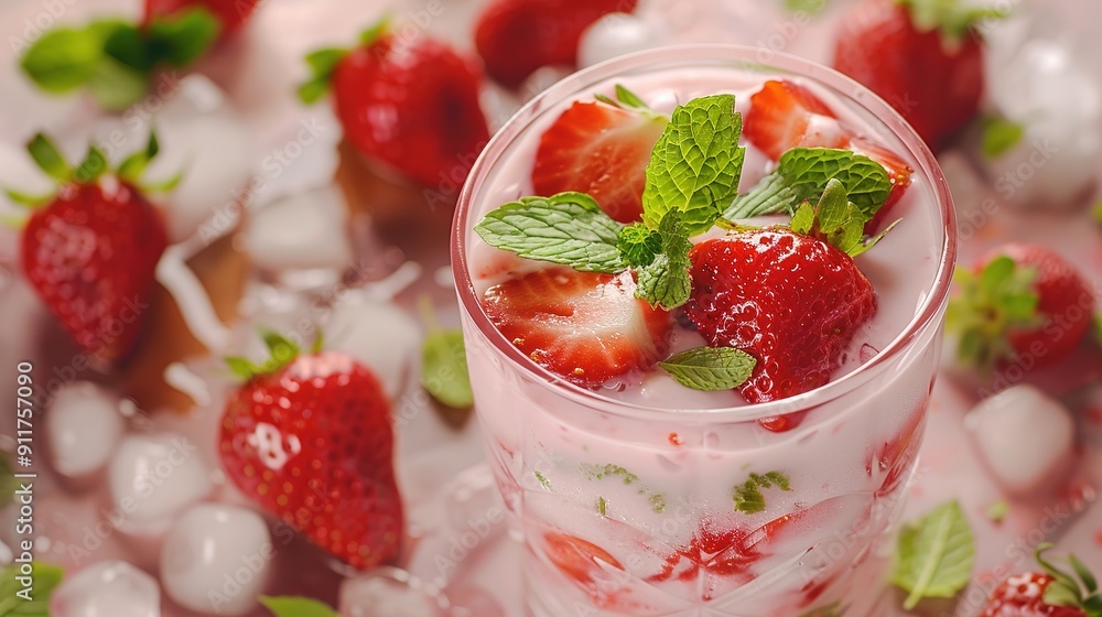 Strawberry Yogurt Smoothie, Decorate the beautiful glass with big strawberries and mint leaves. Strawberry Yogurt Smoothie, Decorate the beautiful glass with big strawberries and mint leaves.