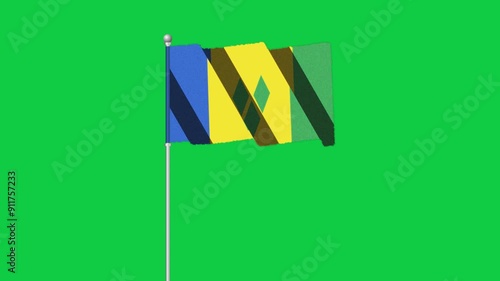 4K SAINT VINCENTflag old animation with pole waving on chroma key green screen