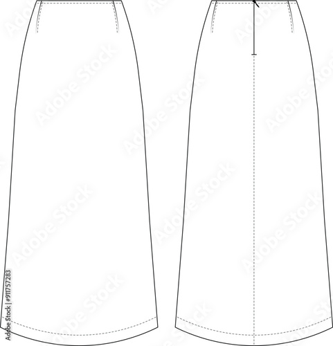 darted zippered long maxi midi a line skirt denim jean template technical drawing flat sketch cad mockup fashion woman design style model
