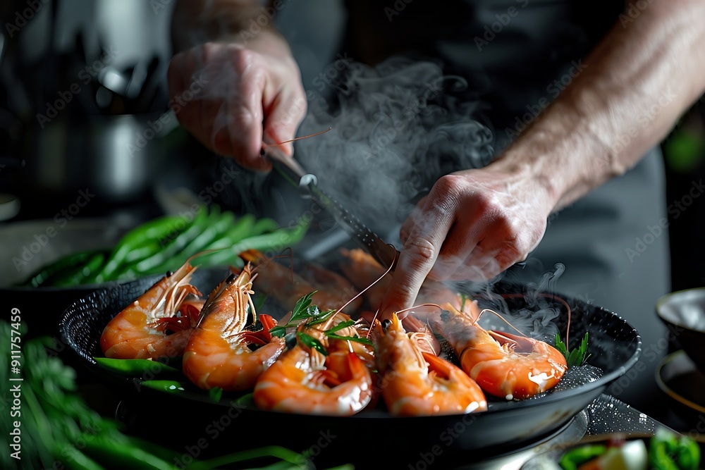 Chef cooking seafood stir fry in a pan in the kitchen Chef cooking seafood stir fry in a pan in the kitchen