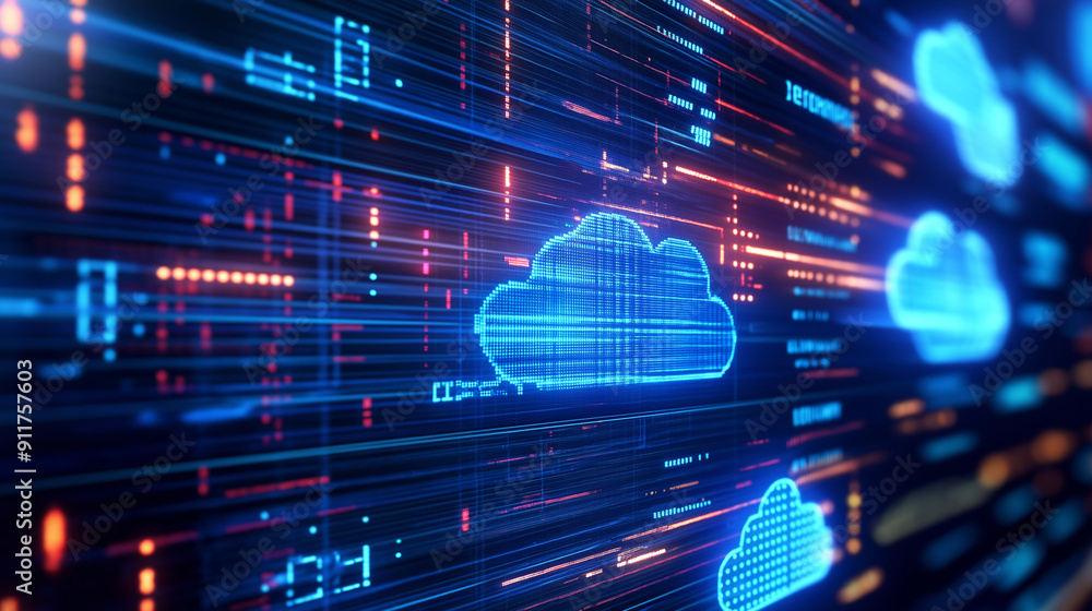 Fototapeta premium Graphic representation of cloud cost efficiency, highlighting pay-per-use pricing models and resource optimization methods
