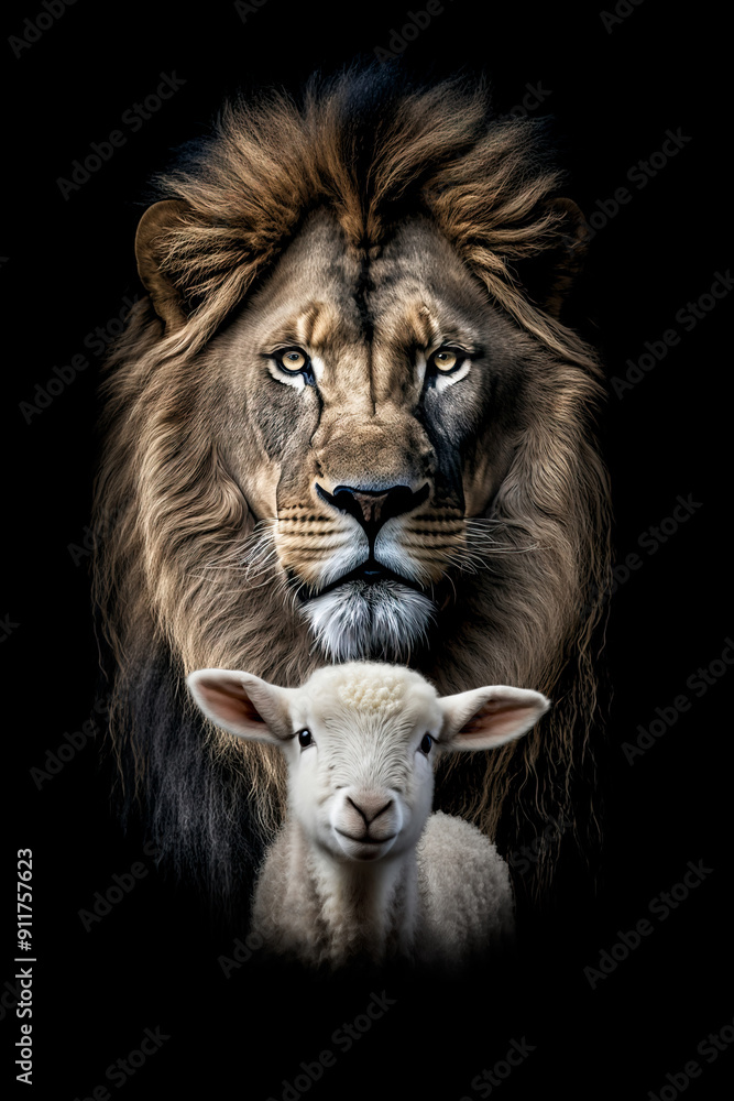 Lion And Lamb Mystical Union: The Powerful Lion of Judah and the Gentle Lamb of God in a Symbolic Embrace of Strength and Innocence. Black Background Christian Illustration Bible Art. Lion And Lamb Mystical Union: The Powerful Lion of Judah and the Gentle Lamb of God in a Symbolic Embrace of Strength and Innocence. Black Background Christian Illustration Bible Art.