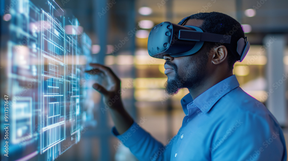 Consultant using virtual reality to conduct an energy efficiency audit, interacting with detailed 3D models of a commercial building Consultant using virtual reality to conduct an energy efficiency audit, interacting with detailed 3D models of a commercial building