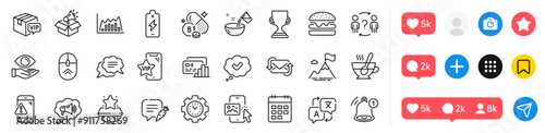 Translate, Chat bubble and Warning message line icons pack. Social media icons. Cooking water, Reminder, Tea cup web icon. Swipe up, Calendar, Time management pictogram. Vector