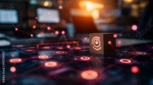 Wallpaper Mural Futuristic office setting with AI-driven customer service interface, wooden block with a target icon connected to human icons symbolizing strategic CRM development Torontodigital.ca