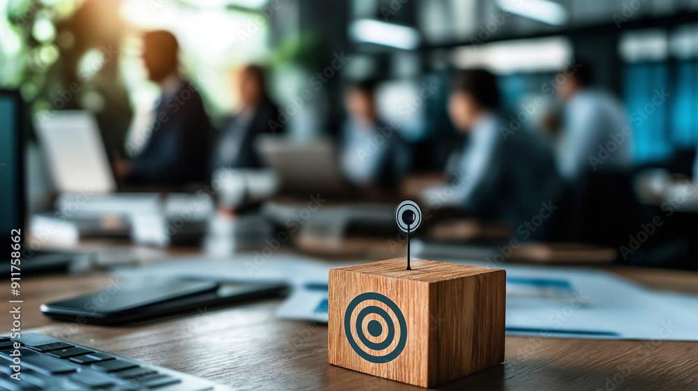 Fototapeta premium High-tech office with AI-driven customer data tools, wooden block with a target icon linked to human icons symbolizing AI's role in CRM