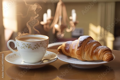 coffee and croissant hot drink breakfast delicious plate caffeine tasty and gourmet latte in morning.