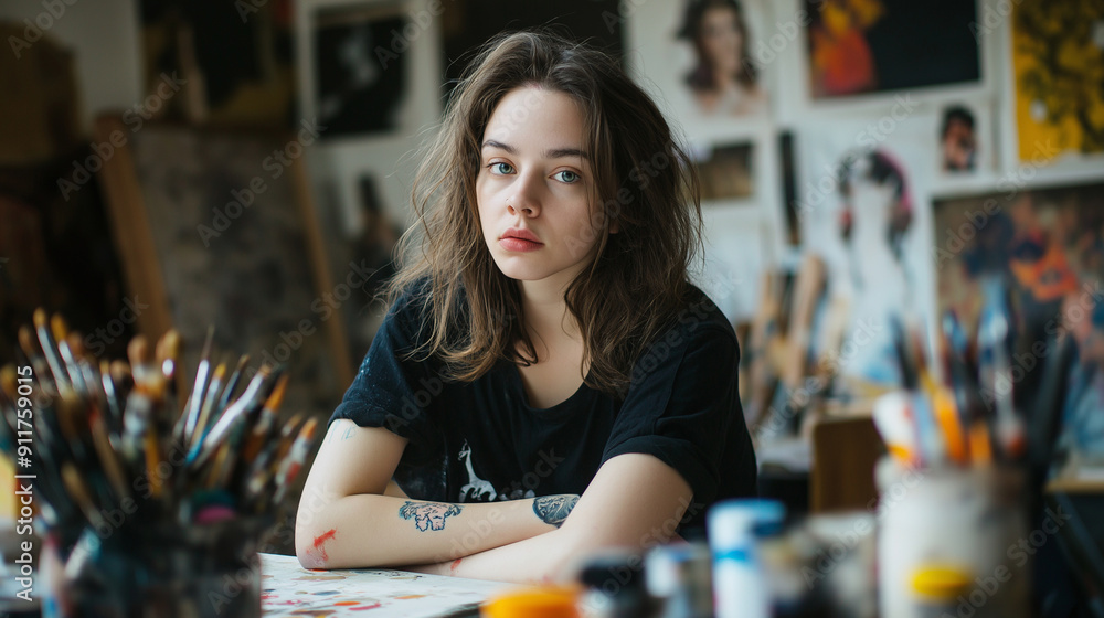 Fototapeta premium Portrait of an artist in their studio, showcasing creativity and artistic products