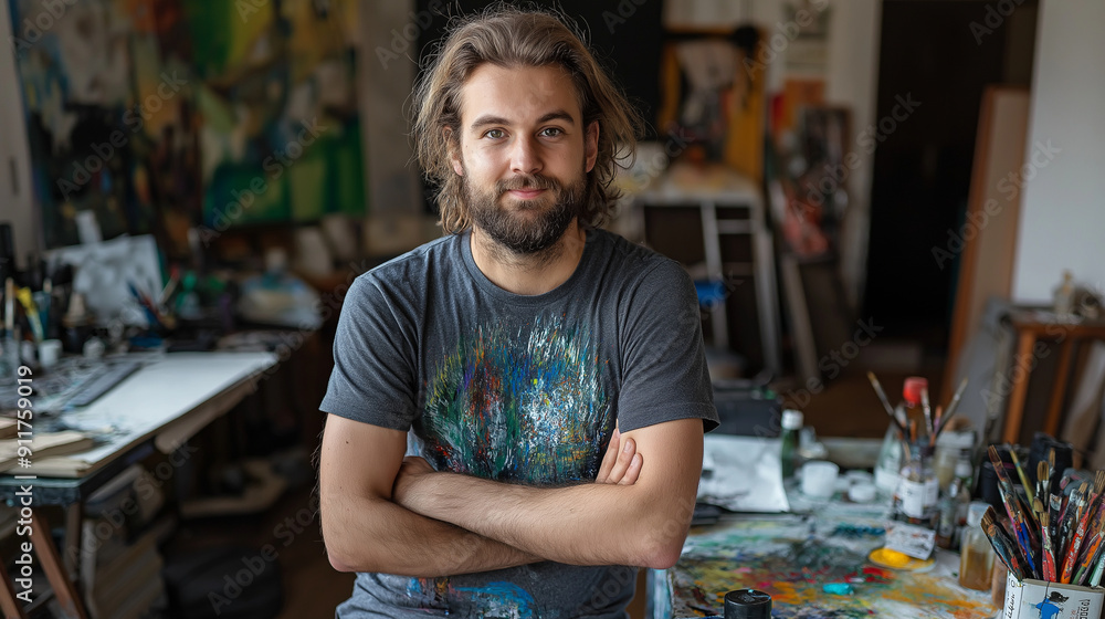 Portrait of an artist in their studio, showcasing creativity and artistic products Portrait of an artist in their studio, showcasing creativity and artistic products