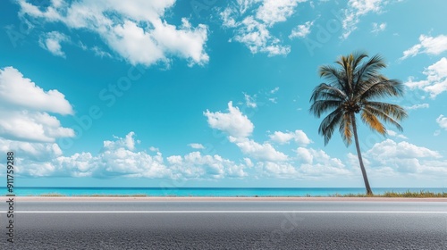 road in the tropics among palm trees and the sea