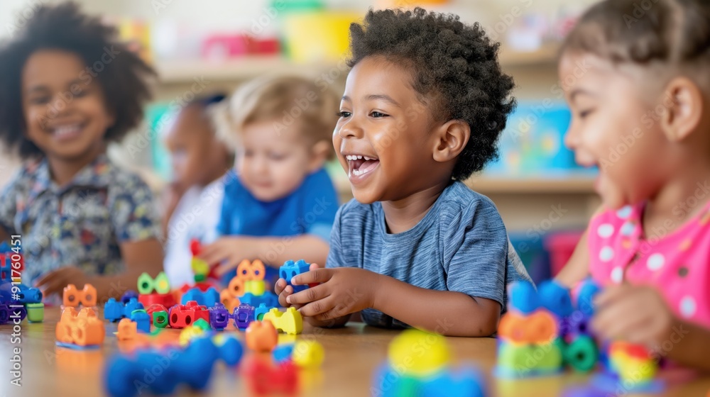 Closeup diverse little kids playing with colorful educational toys on blurred kindergarten room background Closeup diverse little kids playing with colorful educational toys on blurred kindergarten room background