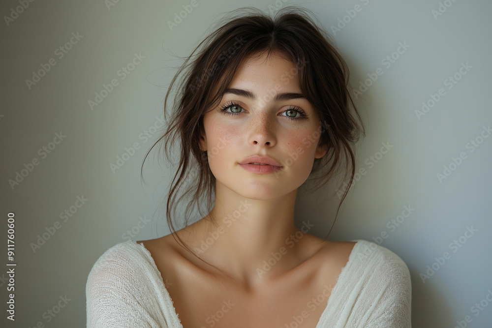 A beautiful brunette woman stands against a wall with flowing hair and a soft smile, looking directly at the camera while wearing neutral-colored clothing