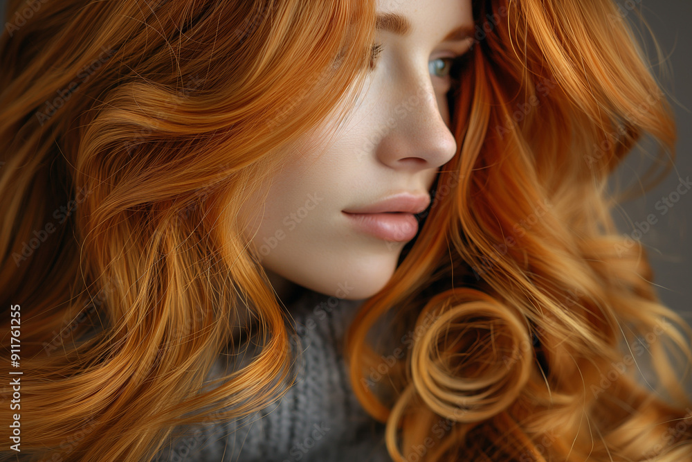 A modern, beautiful young model with long, flowing red hair appears happy and content, yet may also look thoughtful or slightly sad A modern, beautiful young model with long, flowing red hair appears happy and content, yet may also look thoughtful or slightly sad
