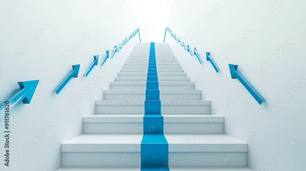 Chart steps climb up a white staircase with blue arrows pointing up. This represents business growth, success, higher goals, and financial investment. Chart steps climb up a white staircase with blue arrows pointing up. This represents business growth, success, higher goals, and financial investment.