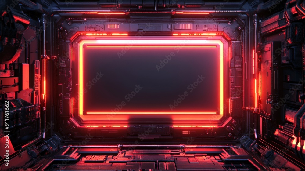 Futuristic content template with a cyberpunk aesthetic, showcasing a blank center framed by neon lights and complex design elements