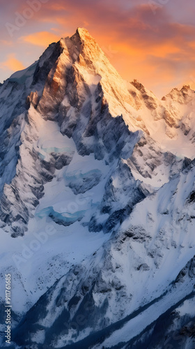 The Majestic Beauty of FW Mountains Bathed in Golden Sunset Light: A Spectacular Vista of Snow-Covered Peaks Against A Clear Sky