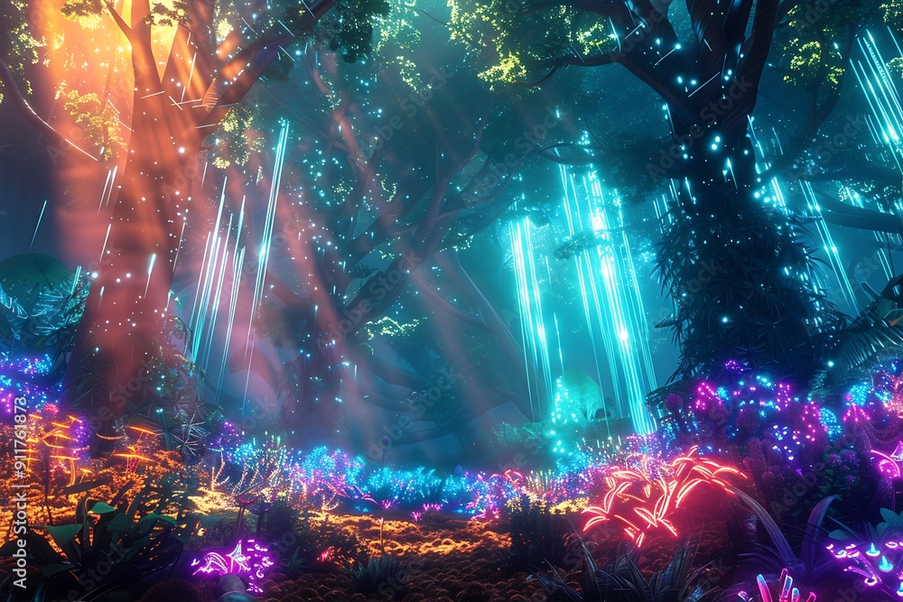 Naklejka premium A serene forest with glowing plants, bioluminescent trees, and ethereal light beams. Mystical and enchanting, vibrant colors, dreamlike atmosphere