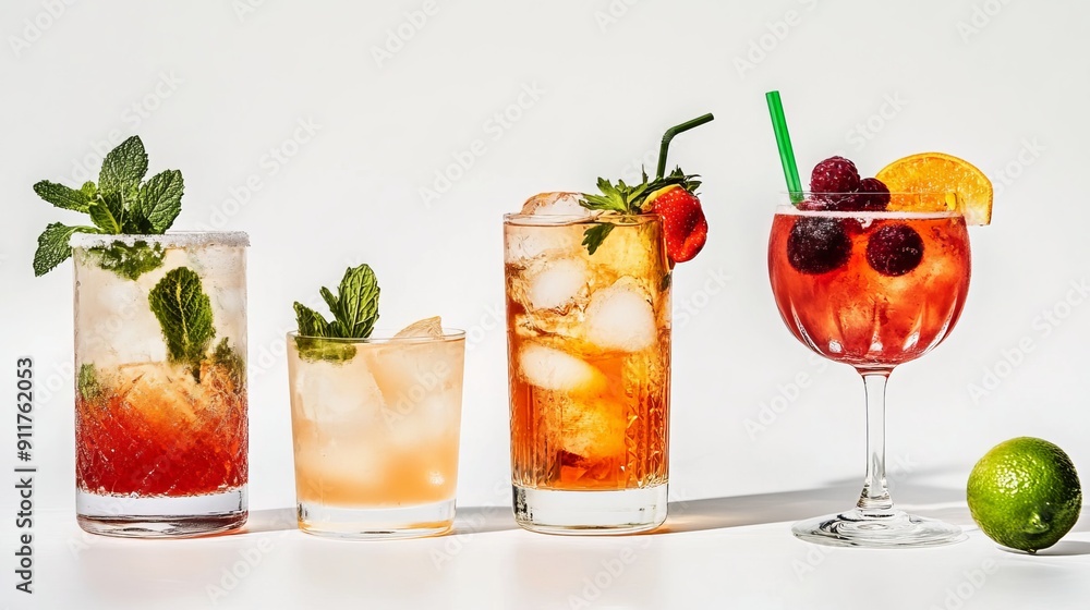 Refreshing summer cocktails for any occasion, from strong to light. Perfect for a cocktail party, set against a white background. Refreshing summer cocktails for any occasion, from strong to light. Perfect for a cocktail party, set against a white background.