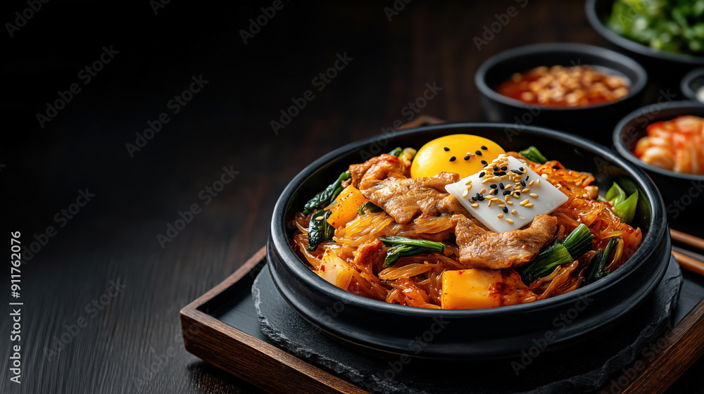 Traditional Korean food Bibimbap includes assorted vegetables, marinated beef slices, kimchi, a raw egg yolk, and rice, topped with sesame seeds. Presented in a stone bowl. Traditional Korean food Bibimbap includes assorted vegetables, marinated beef slices, kimchi, a raw egg yolk, and rice, topped with sesame seeds. Presented in a stone bowl.