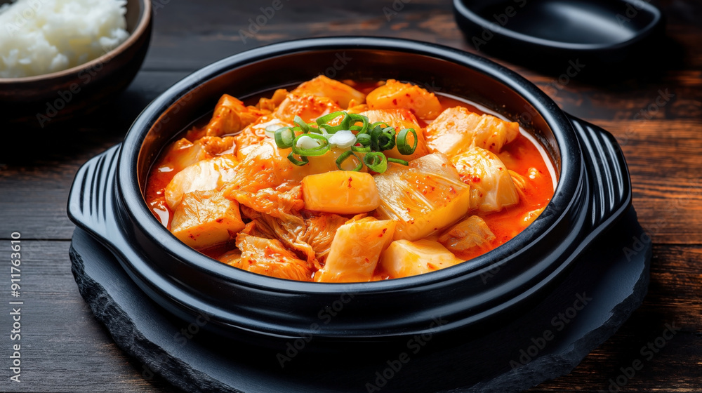Traditional Korean food Kimchi Jjigae. Spicy stew with fermented cabbage kimchi, tofu, and green onions in a rich, red broth served in a black stone bowl. Traditional Korean food Kimchi Jjigae. Spicy stew with fermented cabbage kimchi, tofu, and green onions in a rich, red broth served in a black stone bowl.