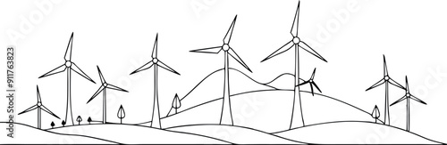 Wind Turbine Farm on Rolling Hills Line Drawing Illustration