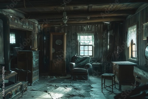 haunted wooden cabin interior moonlight streaming through broken windows cobwebs eerie shadows antique furniture photo