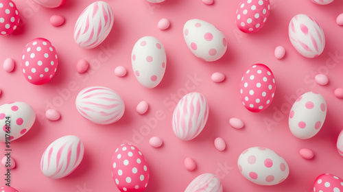 Pink Easter Egg Pattern: Pastel pink backdrop, pink and white striped and polka dot Easter eggs, scattered candy. A cheerful and playful springtime image. 