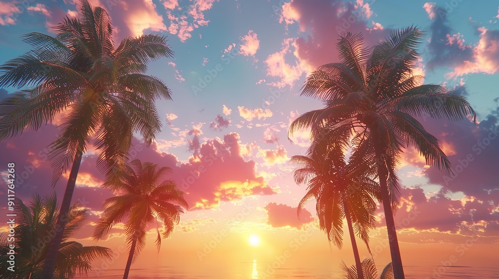 Amazing pink sunset over the palm trees. Tropical beach. Summer vacation and travel concept. Amazing pink sunset over the palm trees. Tropical beach. Summer vacation and travel concept.
