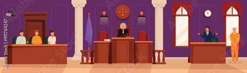 Courtroom trial in session with judge, jury, lawyers and defendant